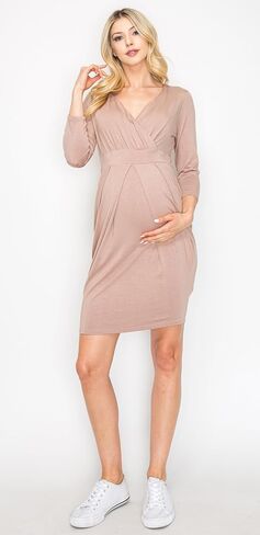 فستان نسائي للرضاعة بأكمام طويلة من My Bump كاجوال بياقة على شكل V للرضاعة الطبيعية مع ثنيات أمامية in Kuwait