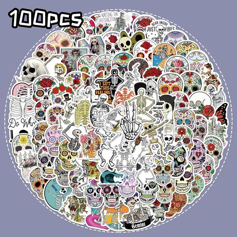 Sugar Skull Stickers 100pcs Horror Skull Stickers Waterproof Vinyl Decals Pack for Halloween Christmas Mexican Day of Dead Sticker for Laptop Water Bottle Luggage Bike Computer in Saudi Arabia