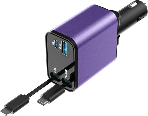 Retractable Car Charger, 4 in 1 Fast Car Phone Charger, Car Charger Adapter with 2 Retractable Cords 2.6ft & 2 USB Ports, Compatible with iPhone 15/14/13/12/11 Series, Galaxy, Pixel in Saudi Arabia