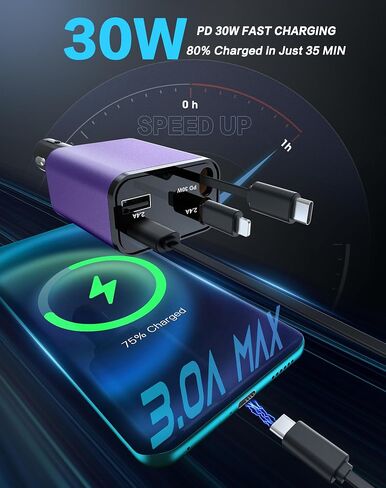 Retractable Car Charger, 4 in 1 Fast Car Phone Charger, Car Charger Adapter with 2 Retractable Cords 2.6ft & 2 USB Ports, Compatible with iPhone 15/14/13/12/11 Series, Galaxy, Pixel in Saudi Arabia