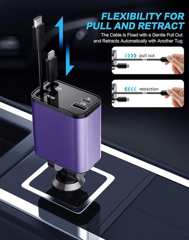 Retractable Car Charger, 4 in 1 Fast Car Phone Charger, Car Charger Adapter with 2 Retractable Cords 2.6ft & 2 USB Ports, Compatible with iPhone 15/14/13/12/11 Series, Galaxy, Pixel in Saudi Arabia