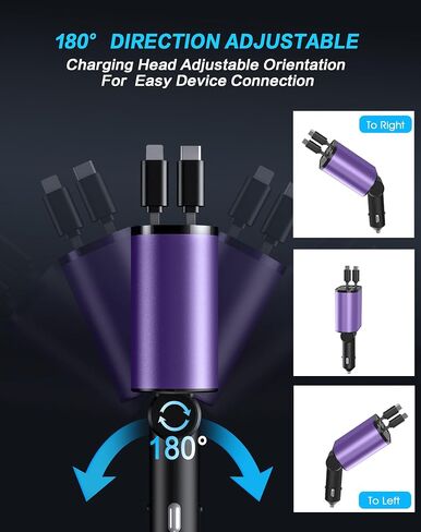 Retractable Car Charger, 4 in 1 Fast Car Phone Charger, Car Charger Adapter with 2 Retractable Cords 2.6ft & 2 USB Ports, Compatible with iPhone 15/14/13/12/11 Series, Galaxy, Pixel in Saudi Arabia