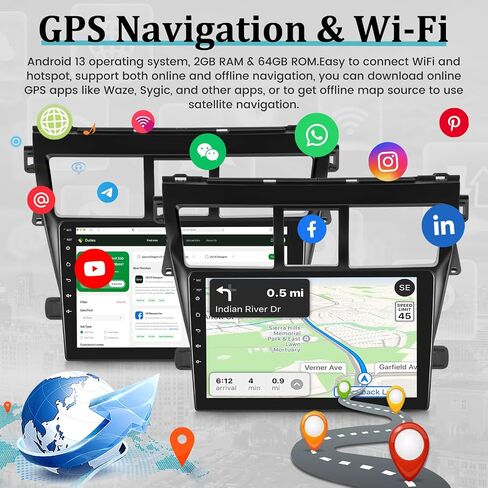 [2+64G] ستيريو سيارة Android 13 لسيارة Toyota Vios Yaris 2007-2012 - راديو بشاشة لمس Android 9 بوصة - لاسلكي Apple Carplay & Android Auto/WiFi/1080P/SWC/Bluetooth/Mirror Link + كاميرا احتياطية AHD in Saudi Arabia