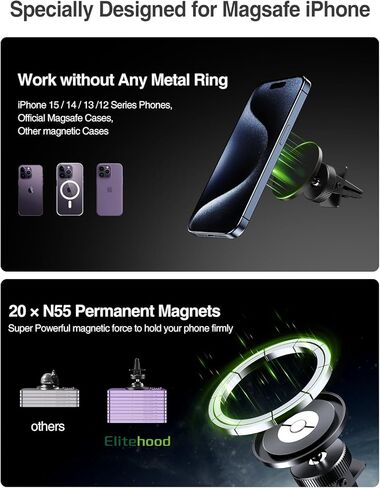 حامل هاتف مغناطيسي للسيارة من Elitehood، حامل هاتف مغناطيسي قوي قابل للتعديل 360 درجة، حامل هاتف مغناطيسي لفتحة تهوية السيارة، لحامل Magsafe للسيارة متوافق مع iPhone 15 14 13 Pro Max Plus Mini in Kuwait