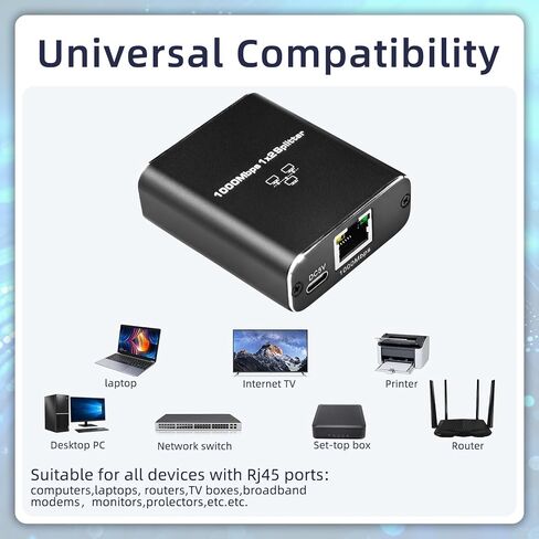 Ethernet Splitter 1 to 2 High Speed 1000Mbps, Gigabit Ethernet Splitter, Network Splitter with USB Power Cable, RJ45 Splitter for Cat5/5e/6/7/8 Cable, Support 2 Devices Working Simultaneously in Saudi Arabia