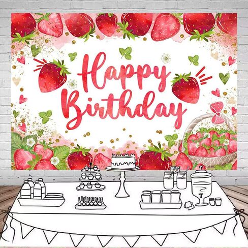 Mocsicka Strawberry Birthday Backdrop Strawberry Girl Happy Birthday Party Decorations Background Sweet One Girl Birthday Photography Backdrop Cake Table Decorations (7x5ft) in Saudi Arabia
