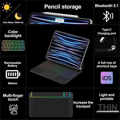 IPad Pro 12.9 Case with Keyboard 24 Colors Backlit Magnetic Keyboard Case for IPad Pro 12.9 inch 6th Generation 5th 4th 3rd Floating Cantilever Stand Magnetic Keyboard with Touchpad (Gray) in Saudi Arabia