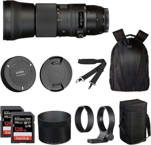 Sigma 150-600mm f/5-6.3 DG OS HSM Contemporary Lens for Nikon F-Mount with SanDisk 128GB Extreme PRO SD Card (Pack of 2) and Waith Backpack for Secure Gear Storage (Bundle Set) in Saudi Arabia