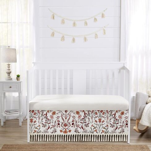 Sweet Jojo Designs Ivory and Orange Boho Vintage Floral Girl Baby Crib Skirt Bed Dust Ruffle Bedskirt Nursery Tailored Straight Bohemian Rust Daisy Leaf Botanical Flower Farmhouse Green Fringe Tassel in Saudi Arabia