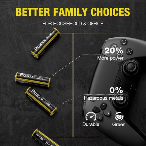 POWXS Rechargeable AA NiMH Batteries, 1.2V 2800mAh Double A Battery, Recharge up to 1300x Times, Pre-Charged (Pack of 8) in Saudi Arabia