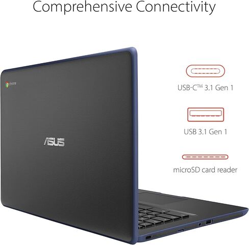 ASUS Chromebook C403 Rugged & Spill Resistant Laptop, 14.0" HD, 180 Degree, Intel Celeron N3350 Processor, 4GB RAM, 32GB eMMC, MIL-STD 810G Durability, Dark Blue, Chrome OS, (Renewed) in Saudi Arabia