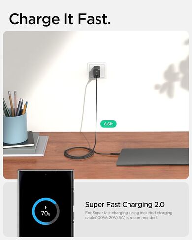 Spigen GaN 651 65W PD 3.0 PPS USB C Charger Super Fast Charging 2.0 for Galaxy Book 2 3 Pro 360 Macbook Air Pro Steam Deck USB Type C Laptop charger adapter - Black (Cable Included/Foldable Plug) in Saudi Arabia