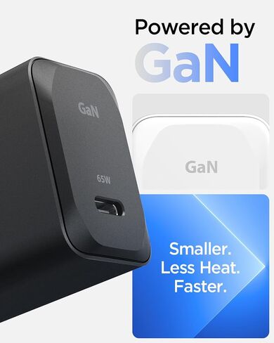 Spigen GaN 651 65W PD 3.0 PPS USB C Charger Super Fast Charging 2.0 for Galaxy Book 2 3 Pro 360 Macbook Air Pro Steam Deck USB Type C Laptop charger adapter - Black (Cable Included/Foldable Plug) in Saudi Arabia