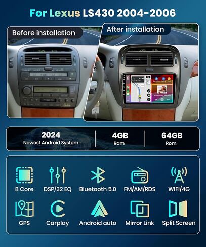 [تحديث OTA] راديو سيارة أندرويد 8Core 4+64G لسيارة Lexus LS430 2004 2005 2006 Wireless Carplay Android Auto 9 بوصة شاشة لمس ستيريو مع 5.0 BT AI DSP WiFi 4G Canbus GPS Mirror Link AM/RDS كاميرا in Saudi Arabia