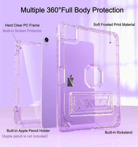 Rantice iPad Air 5th/4th Generation Case with Screen Protector (2022/2020), 10.9 inch iPad Air Case with Pencil Holder, Slim Shockproof iPad Air 10.9 Case with Kickstand for Kids Girls, Clear in Saudi Arabia