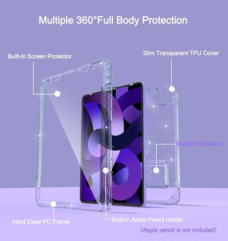 Rantice iPad Air 5th/4th Generation Case with Screen Protector (2022/2020), 10.9 inch iPad Air Case with Pencil Holder, Slim Shockproof iPad Air 10.9 Case with Kickstand for Kids Girls, Clear in Saudi Arabia