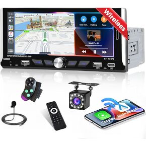 Car Radio Single Din Car Stereo with Wireless Apple Carplay Android Auto, 6.9 Inch Touch Screen Bluetooth Mirror Link Car Audio Receivers FM Radio Head Unit SWC Backup Camera USB&Type-C port