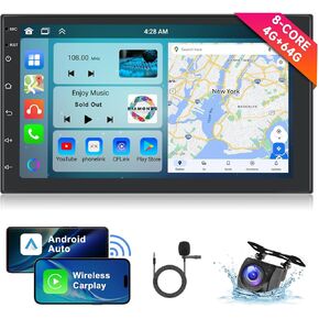 【8Core 4G+64G】 Double Din Radio Android Car Stereo with Wireless Carplay Android Auto, 7" HD 1024 * 600P IPS Touchscreen Car Radio with GPS WiFi DSP Audio Bluetooth 5.0 SWC Backup Camera