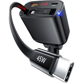 【Upgraded】Retractable Car Charger 4 in 1, 105W Fast Car Phone Charger with Retractable Cord 2.6ft, USB C and USB Car Charger Adapter, Compatible with iPhone 15/15 Pro Max/14/13/12/11, Galaxy, Pixel
