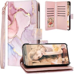 Fingic Samsung Galaxy S23 FE Case Wallet for Women Girls[with 9 Card Holders] Marble Rose Gold PU Leather Detachable Wrist Strap Fullbody Slim Shockproof Phone Case for Samsung Galaxy S23 FE,6.4",2023