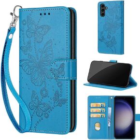Designed for Samsung Galaxy S24 Plus Case Wallet,Women Flip Folio Cover with Embossed PU Leather Stand Credit Card Holders Slots Wrist Strap Phone Case for Samsung S24 Plus 5G (Rose Gold Butterfly)