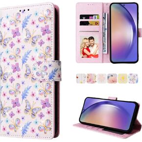 UEEBAI Wallet Case for Samsung Galaxy A55 5G, PU Leather Phone Case Kickstand RFID Blocking Flip Case Card Slots Wrist Strap Relief Engraved Pattern Magnetic Closure Folio Case - Blue Butterfly