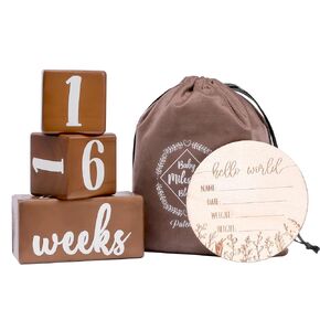 Baby Milestone Blocks - Milestones Age Block Set with Bag and Hello World Newborn Announcement Sign - Natural Pine Wood with Weeks Months Years Grade, Baby Weekly Monthly Photo Prop (Brown)