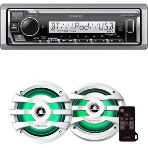 Kenwood KMR-M332BT Car & Marine Stereo | Plus 1x KFC-1673MRWL 6-1/2" 2-Way Marine Speakers with Grilles (Pair) | Built-in LED Lights (White)