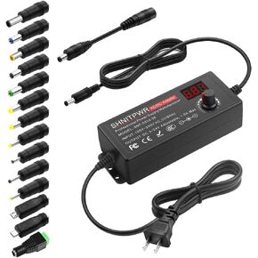 SHNITPWR 36W Universal Power Supply 100-240V AC to DC 3V ~ 24V 1.5A Converter 3V 5V 6V 9V 12V 15V 18V 20V 24V Multi-Voltage Adjustable Power Adapter with 14 tips & 1 polarity converter, white