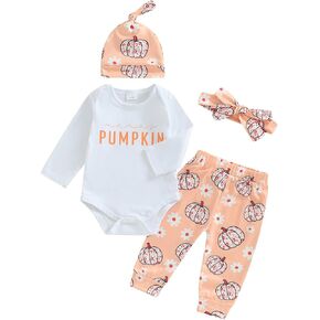 My First Halloween Baby Girl Outfit Mamas Pumpkin Romper Pumpkin Long Pants Headband Hat 4Pcs Halloween Outfit