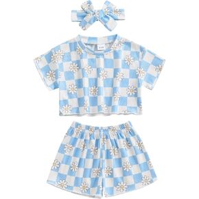 Toddler Girl Clothes Baby Girls Outfits Summer Floral Checkerboard Print Shirt+Shorts+Headband 3pcs Baby Clothing