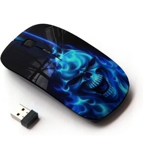 [ Optical 2.4G Wireless Mouse [ Flaming Blue Goth Skull Skeleton ]