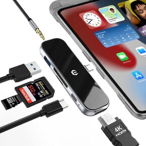 6 in 1 iPad Pro Hub, Dual Display USB C Adapter 2021 2020 12.9/11'', 4K HDMI, USB 3.0 Port, SD/TF Card Reader, 100W PD Fast Charging, Headphone Jack, iPad Air 5/4 Dongle