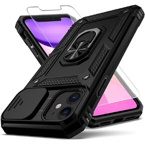 for iPhone 11 Case,with Camera Lens Cover HD Screen Protector,[Military Grade] Ring Car Mount Kickstand Hybrid Hard PC Soft TPU Shockproof Protective Case for iPhone 11-Black