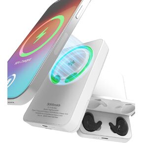 Magnetic Portable Charger and Earbuds 2-in-1: A 5000mAh Wireless Power Bank Integrated with True Wireless Stereo Earphones Mag-Safe Battery Pack for iPhone 15/14/13/12 Series (Black)