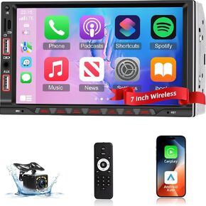 Double Din Car Stereo with Wireless Apple Carplay & Android Auto - 7 inch Touch Screen Car Radio Support Bluetooth/Mirror Link/FM Radio/Steering Wheel Control+Rear Camera