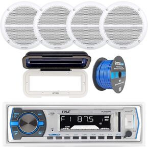 Pyle Single DIN Marine Boat USB/SD Bluetooth Stereo Receiver Bundle Combo with Waterproof Cover, 4 x Enrock 6.5" Full-Range White Audio Coaxial Speakers, Enrock 50Ft 16g Speaker Wire