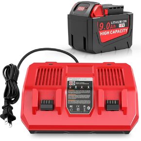 9.0Ah M18 Battery Replacement for Milwaukee with Rapid Dual Charging Port M18 Battery Charger, 48-11-1840, 48-11-1828, 48-11-1820, 48-11-1815, 48-11-1850, 48-11-1860, 48-11-1890