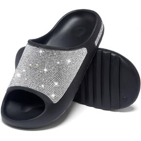 Cloud Slides for Women Thick Sole Sandals Quick Drying Shower Shoes EVA Non-Slip Rhinestone Slippers Glitter Crystal