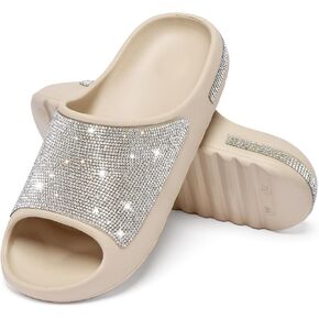 Cloud Slides for Women Thick Sole Sandals Quick Drying Shower Shoes EVA Non-Slip Rhinestone Slippers Glitter Crystal