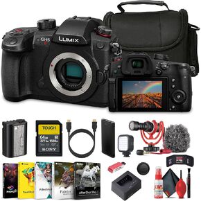 Panasonic Lumix GH5 II Mirrorless Camera with Rode Camera Mount Microphone with 160 LED Light + 64 GB Memory Card + P-Bank Battery + Carry Case + Cleaning Kit + Art Studio Software + More
