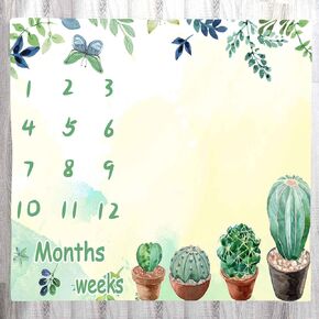 Baby Monthly Milestone Blanket, Green Cactus Butterfly Leaves Baby Memory Blanket Newborn Growth Chart Baby Age Blanket, 48x40 Inch Nursery Baby Swaddle Blanket BTXTLY77