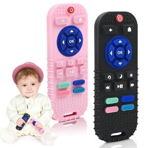 AiTuiTui Baby Teether Teething Relief Toys for 3 6 9 12 Months Gifts, Silicone Sensory Remote Control Baby Teether Toy for Babies Newborn Infant Boy Girl Autism Toys, Pink & Black