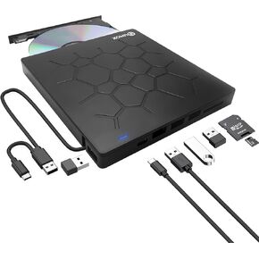 External DVD CD Burner, External CD DVD Drive, USB 3.0 with 4 USB Ports and 2 TF/SD Card Readers, Ultra Slim External CD/DVD Drive for Mac Laptop, Windows 11/10/8/7 PC, Linux OS