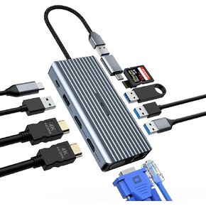 موزع USB C 12 في 1، محطة إرساء USB C، ثلاثة شاشات عرض VGA، 2 * HDMI، محول Mac Pro/Air USB C (USB A 3.0، إيثرنت 1 جيجابت في الثانية، توصيل الطاقة 100 وات، ميكروفون 3.5 مم، قارئ SD/TF) دونجل لـ ديل، إتش بي، لينوفو in Kuwait