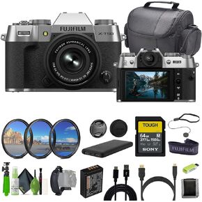 Fujifilm X-T50 Mirrorless Digital Camera XC15-45mmF3.5-5.6 OIS PZ Lens Bundle Kit with 64GB SF-M Tough UHS-II Memory Card + Filter Kit + Cleaning Kit + Camara Bag + More Accessories - Silver in Saudi Arabia