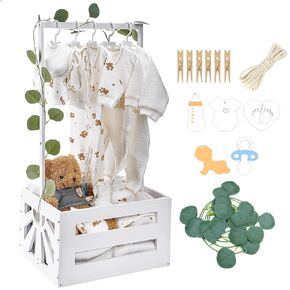 Wooden Baby Shower Crate Closet,Baby Wooden Crate Basket,Baby Storage Crate Hamper with Handle and Garland Welcome Gift Basket for Newborn Boys Girls Baby Wooden Gift Crate for Pregnancy New Parent