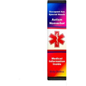 Autism Non-Verbal Help Belt 9" Medical Alert Seat Belt Cover with Inside Pocket, Medical Form and Online Fillable Forms (Rainbow/White)