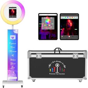 Portable Photo Booth Compatible with Any Ipad, Large Lightbox Ipad Photo Booth for Christmas Wedding Party Shell Stand Software APP Control Ring Light, Flight Case White