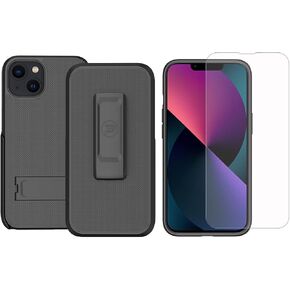 Case compatible with Apple iPhone 13 MINI (Screen Size 5.4 inch only). Dual Layer Hybrid Case and Belt Clip Holster Combo includes Screen Protector Black